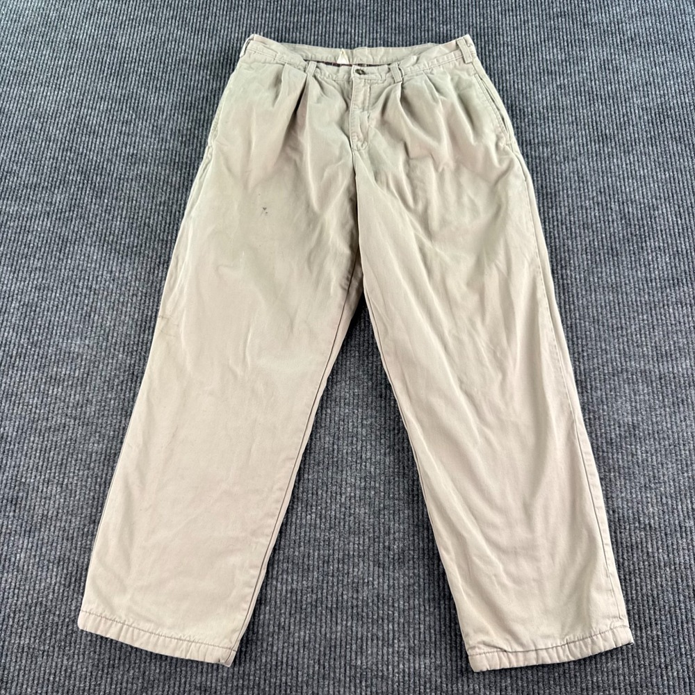 LL Bean Pants Men 34x30 Beige Cotton Khaki Pleated Fleece Lined Workwear Natural